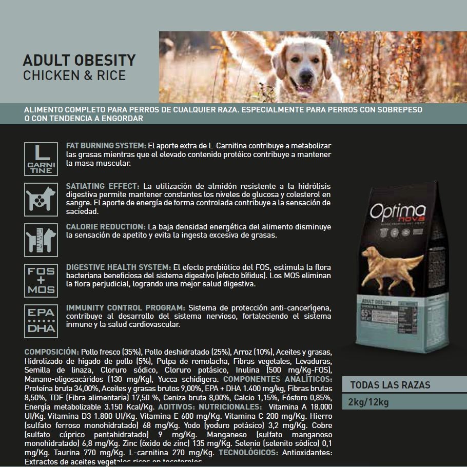 OPTIMA NOVA OBESITY POLLO ARROZ 2 KG. - Imagen 3